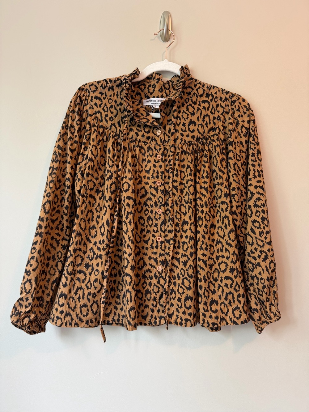 Emerson Fry India Collection Leopard Print Ruffle Neck Blouse Sz S NWT